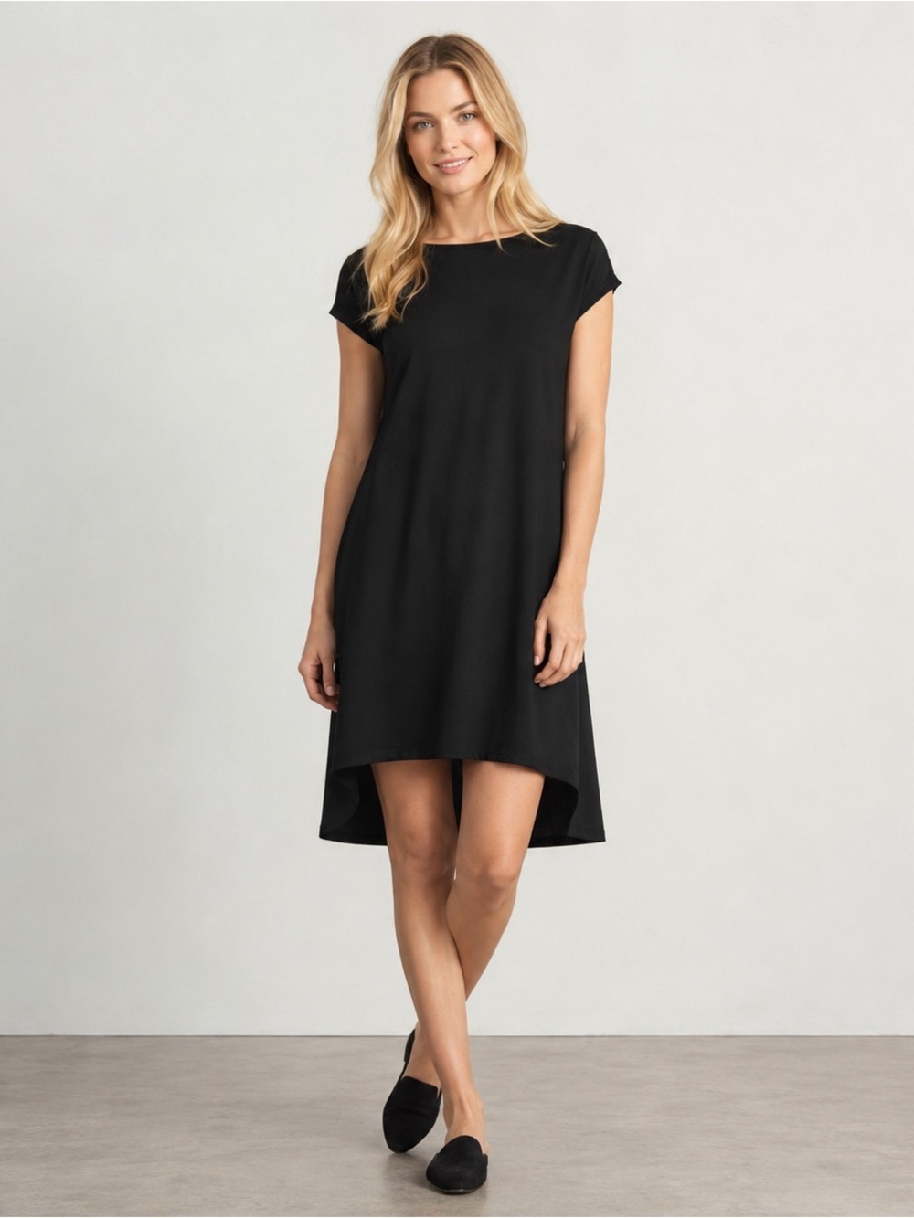 Eileen Fisher Black Tee Dress High Low Hem Minimalist Stretch Size Petite Small